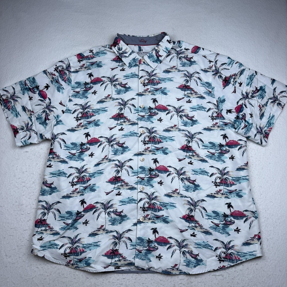 Tommy Bahama IslandZone Shirt Mens Big 2X White Hawaiian Short Sleeve Button Up